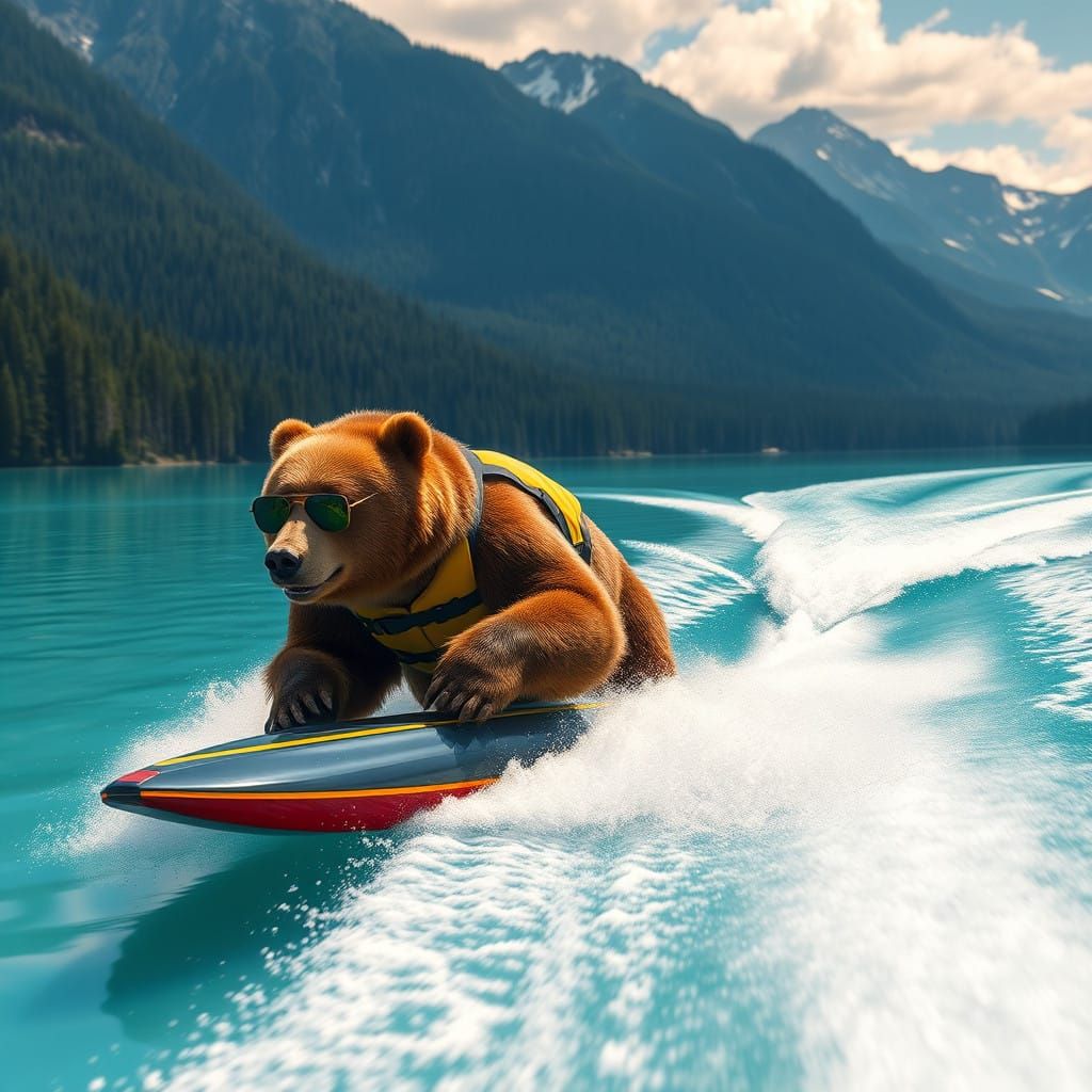 Bear Water Skier in Futuristic Summer Landscape