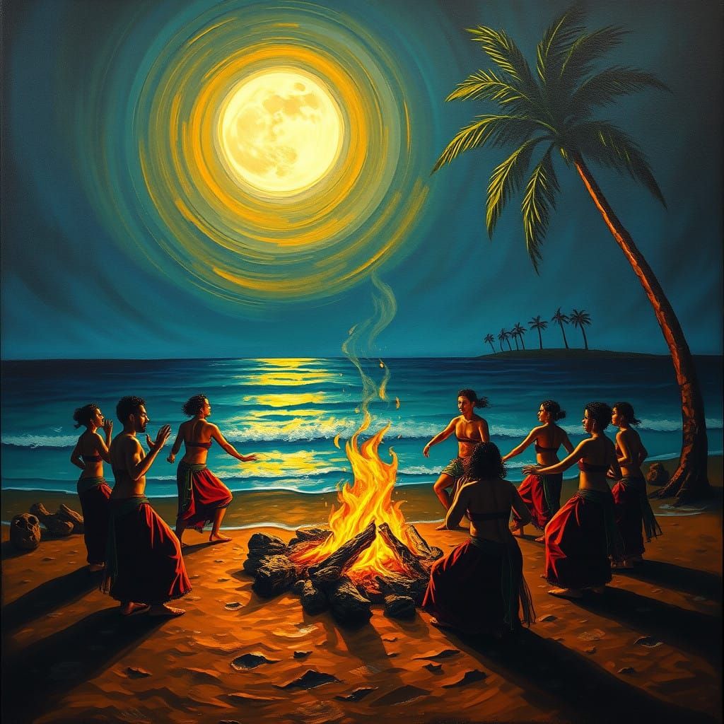 Surrealist Moonlit Scene of Capoeiristas Dancing Around a Bo...