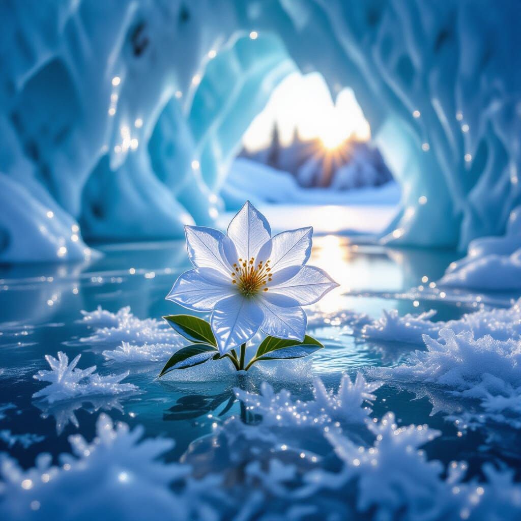 Frozen Ice Flower Crystal Garden on Snowy Lake