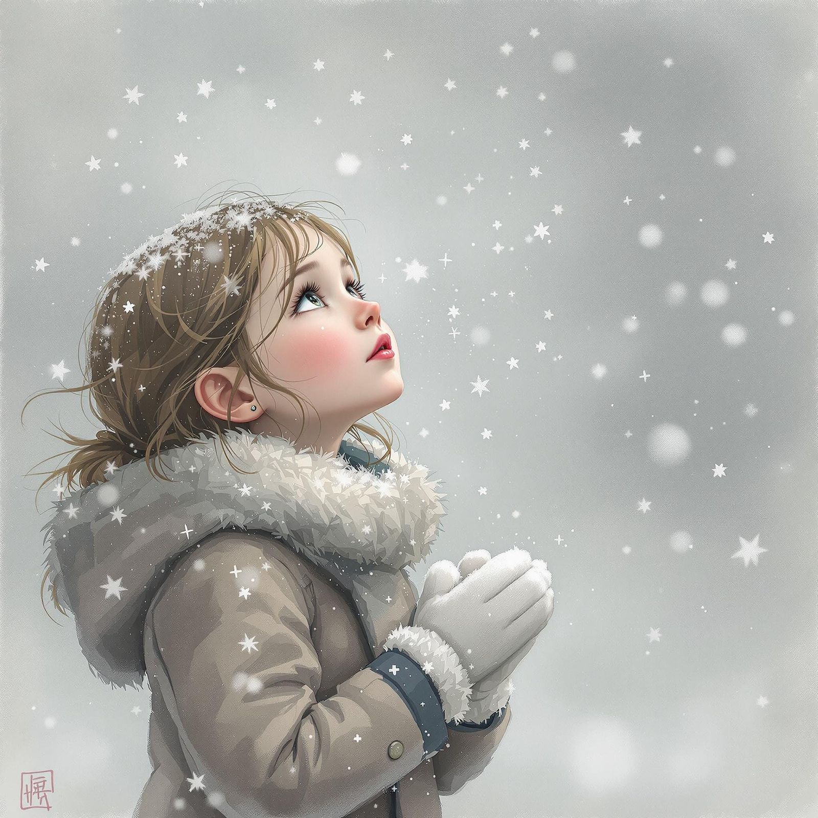 Young Girl Stands Alone in Winter Snowstorm with Wide Eyes a...