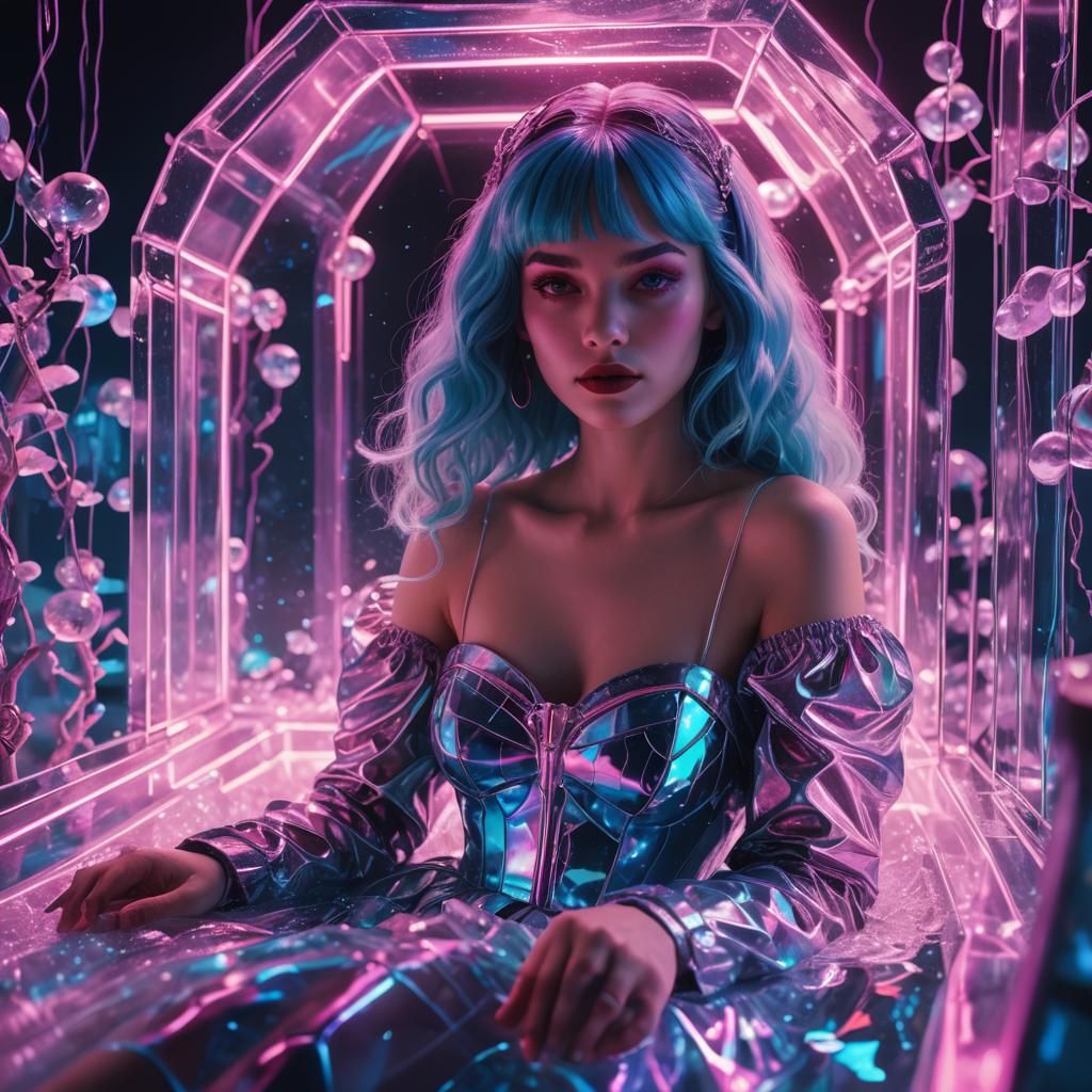 Snow White in Glass Coffin: Synthwave Art