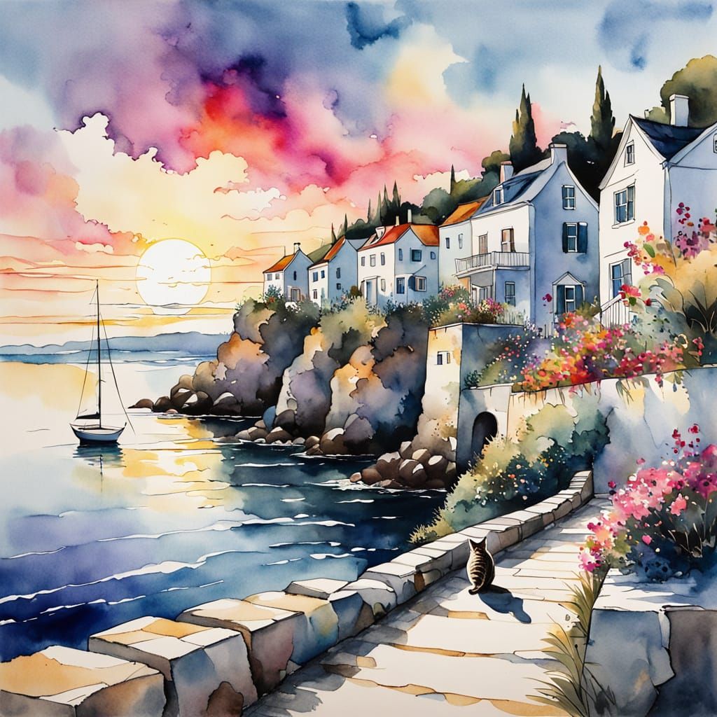 Tabby Cat on Stone Wall in Watercolor Style