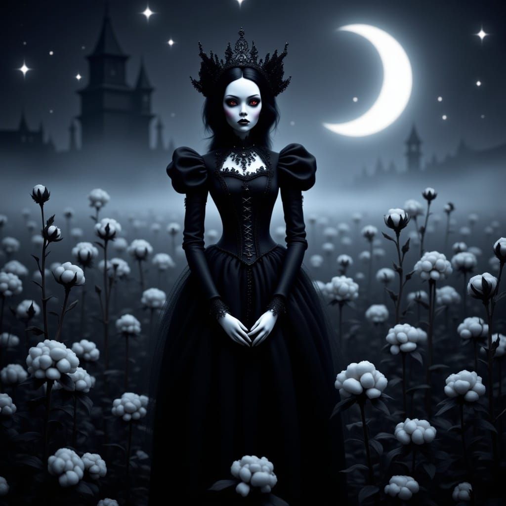 Gothic Voodoo Doll in Moonlit Cotton Field