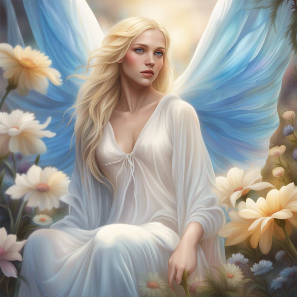 Angelic Beauty in Ethereal Flower Garden: Hyperrealistic Art