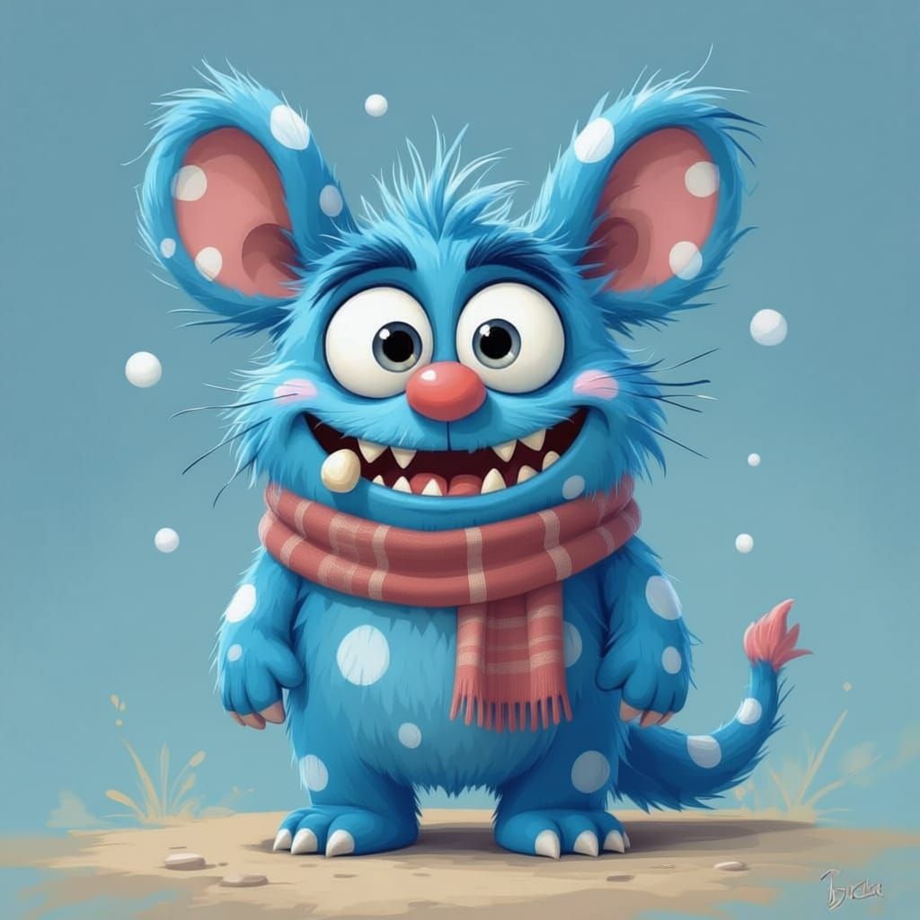 Silly Blue Monster with Two Heads and Long Features