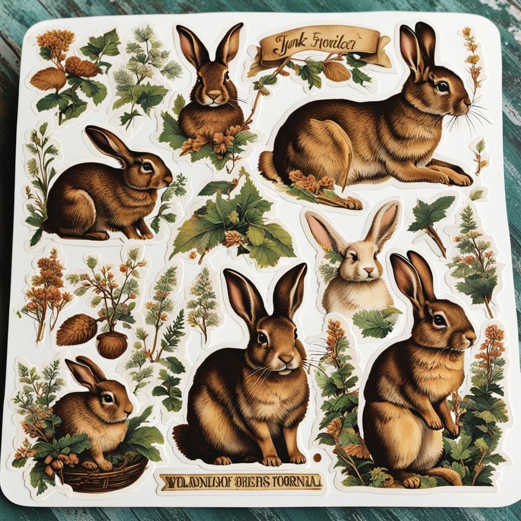 Vintage Rabbit Stickers for Junk Journals