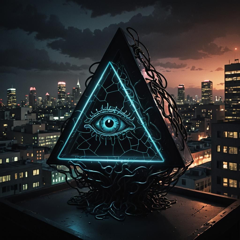 Ominous Neon Eye and Brain in Dystopian Cityscape
