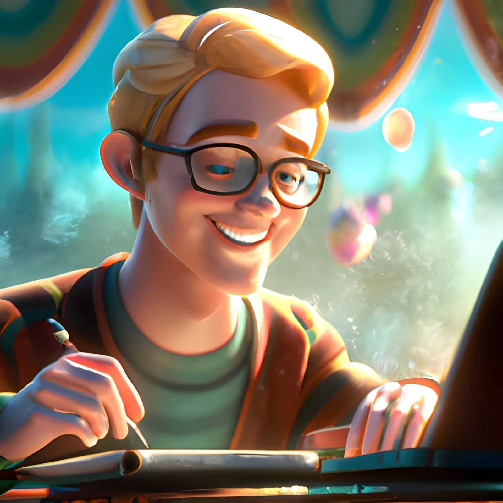 Happy Man at Laptop in Sunny 3D Render