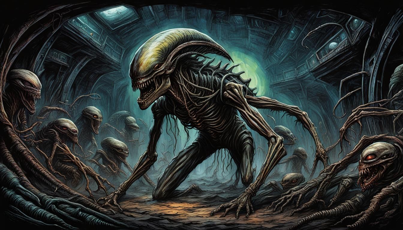 Sci-Fi Alien Creature in Chaotic Line Art