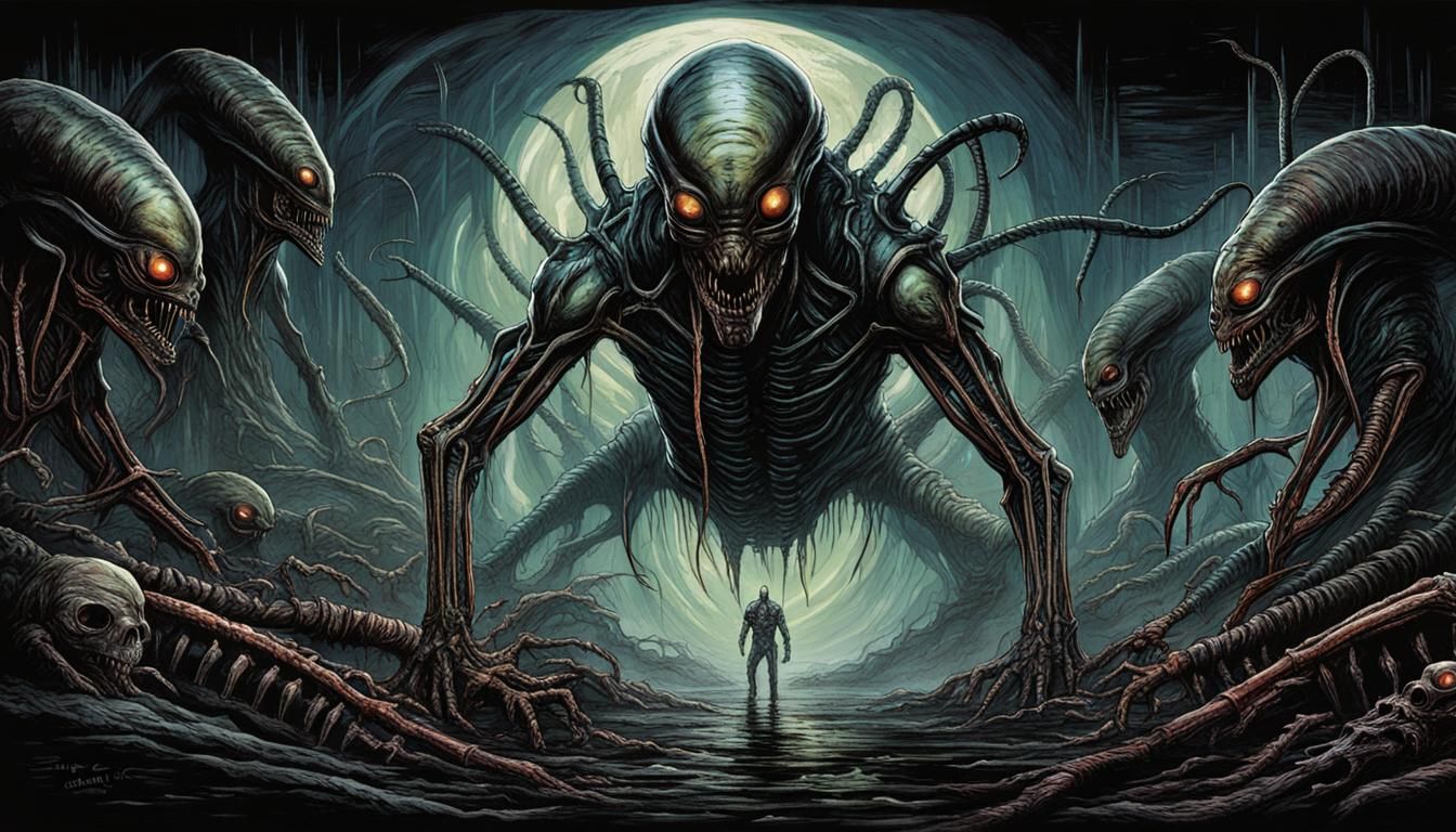 Sci-Fi Xenomorphic Incursion in Chaotic Line Art