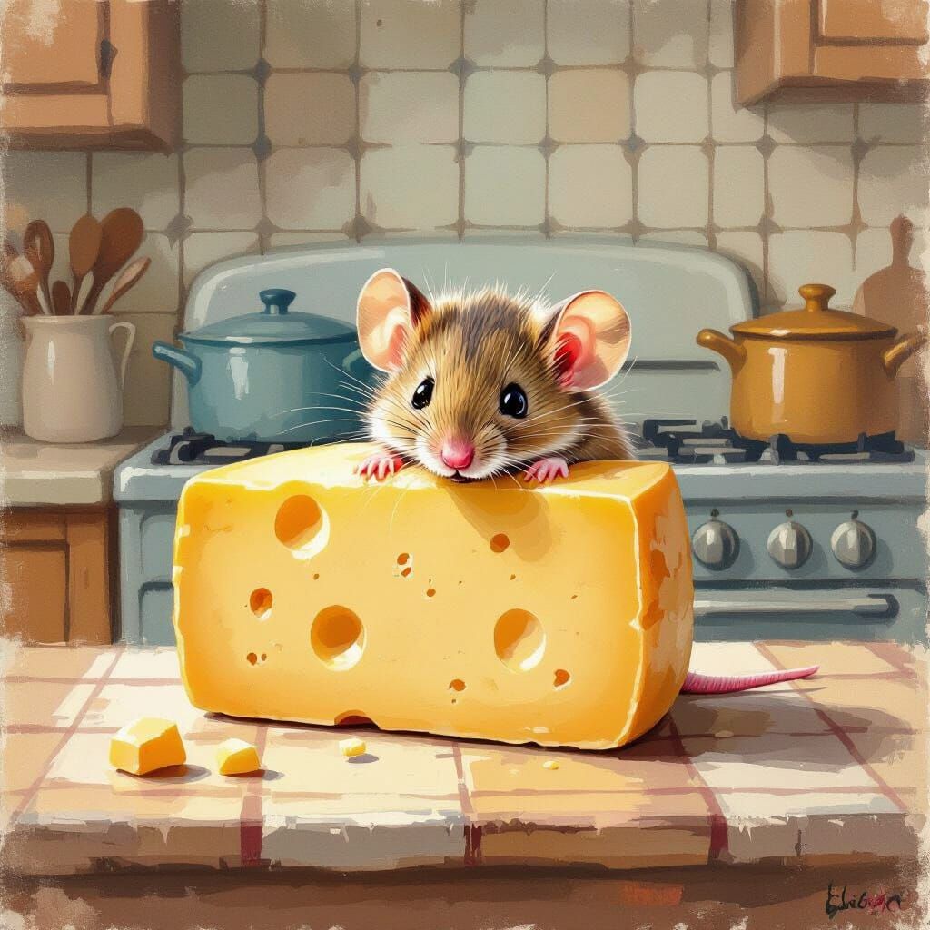 Shy Mouse Hiding Behind Cheese in Vintage Kitchen