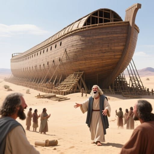 Noah's Ark, 450ft long, 75ft wide, being constructed in the desert, the people laughed,
