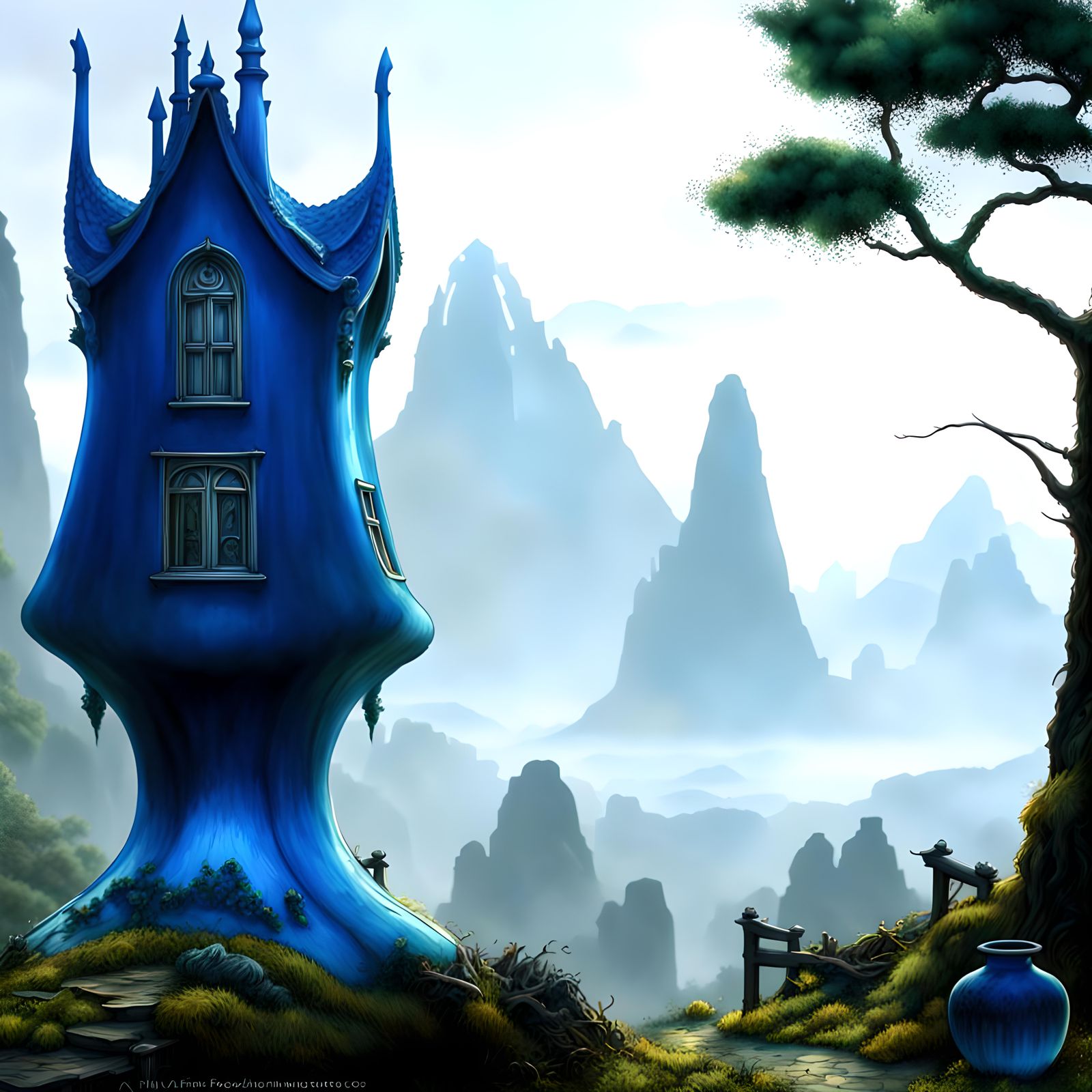 Ultradetailed fantay fairy Blue Vase-shaped house detailed m...