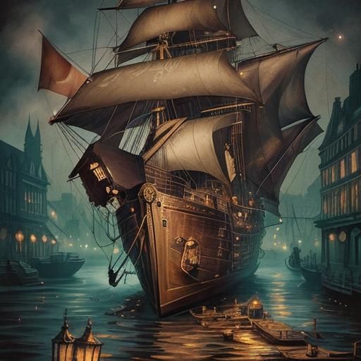 Steampunk Boat on Thames in Ink Painting Style