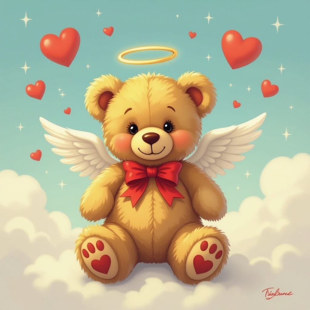 Vintage-Style Teddy Bear Angel in a Heartful Sky