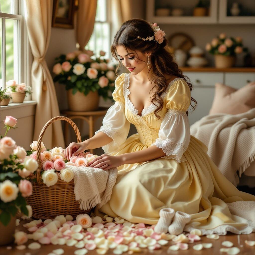 Woman Arranges Roses in Warm, Intimate Setting