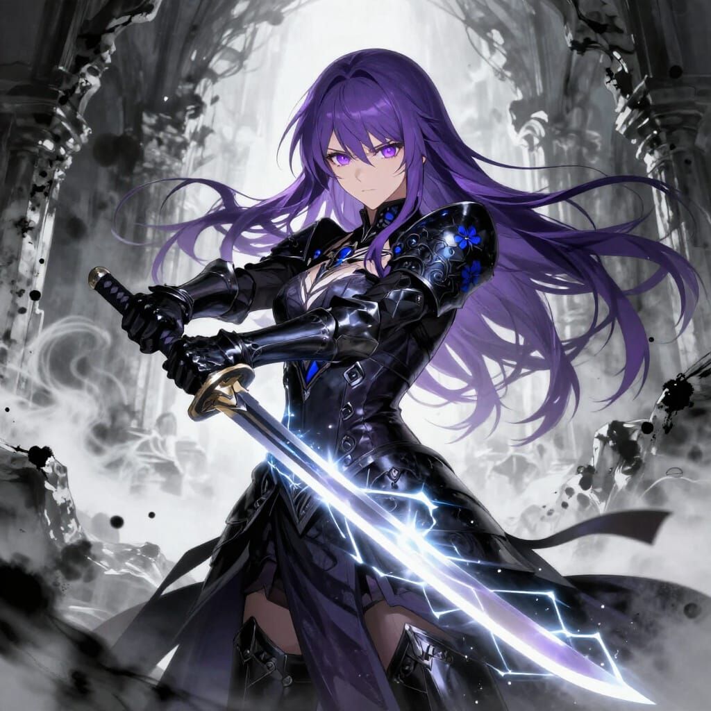 Gothic Warrior with Ethereal Katana in Misty Cavern