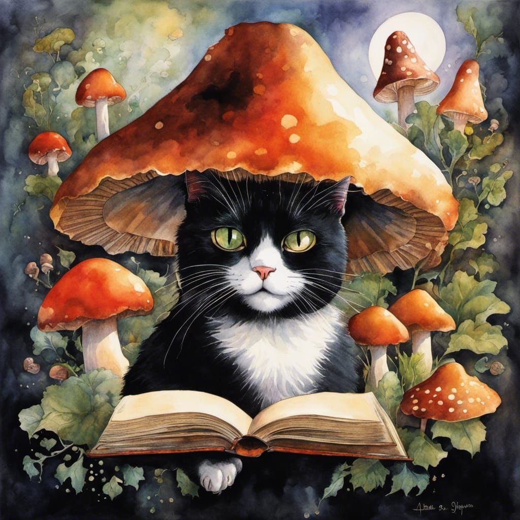 Enchanting Black Cat with Mushrooms Watercolor Illustration