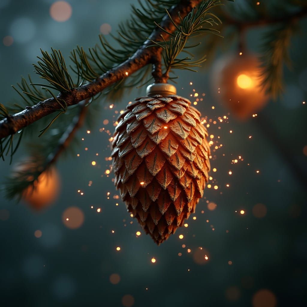 Surreal Pinecone Decoration Radiates in the Tree
