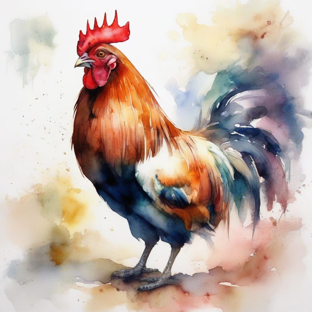 Proud Rooster in Morning Light, Neo-Impressionist Oil Painti...