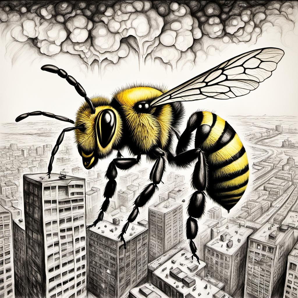 Giant Bee Destroys City: Detailed Charcoal Art