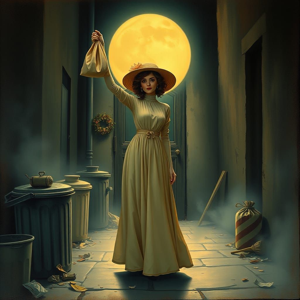 Whimsical Woman Bids Farewell to Rubbish in Vintage Style