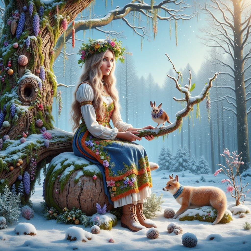 Bavarian Woman in Winter Forest Glade