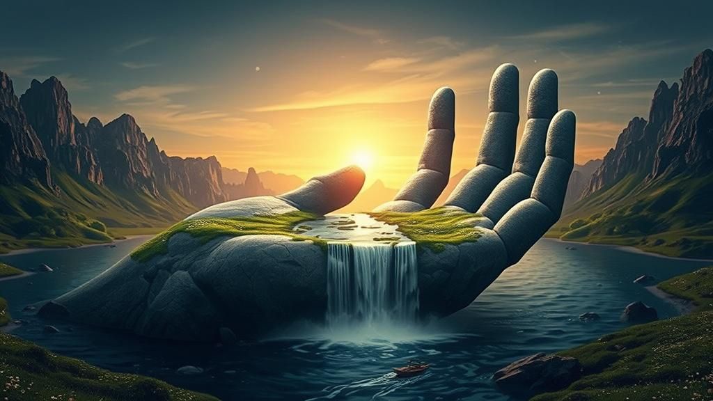 Surreal Stone Hand with River and Sunset