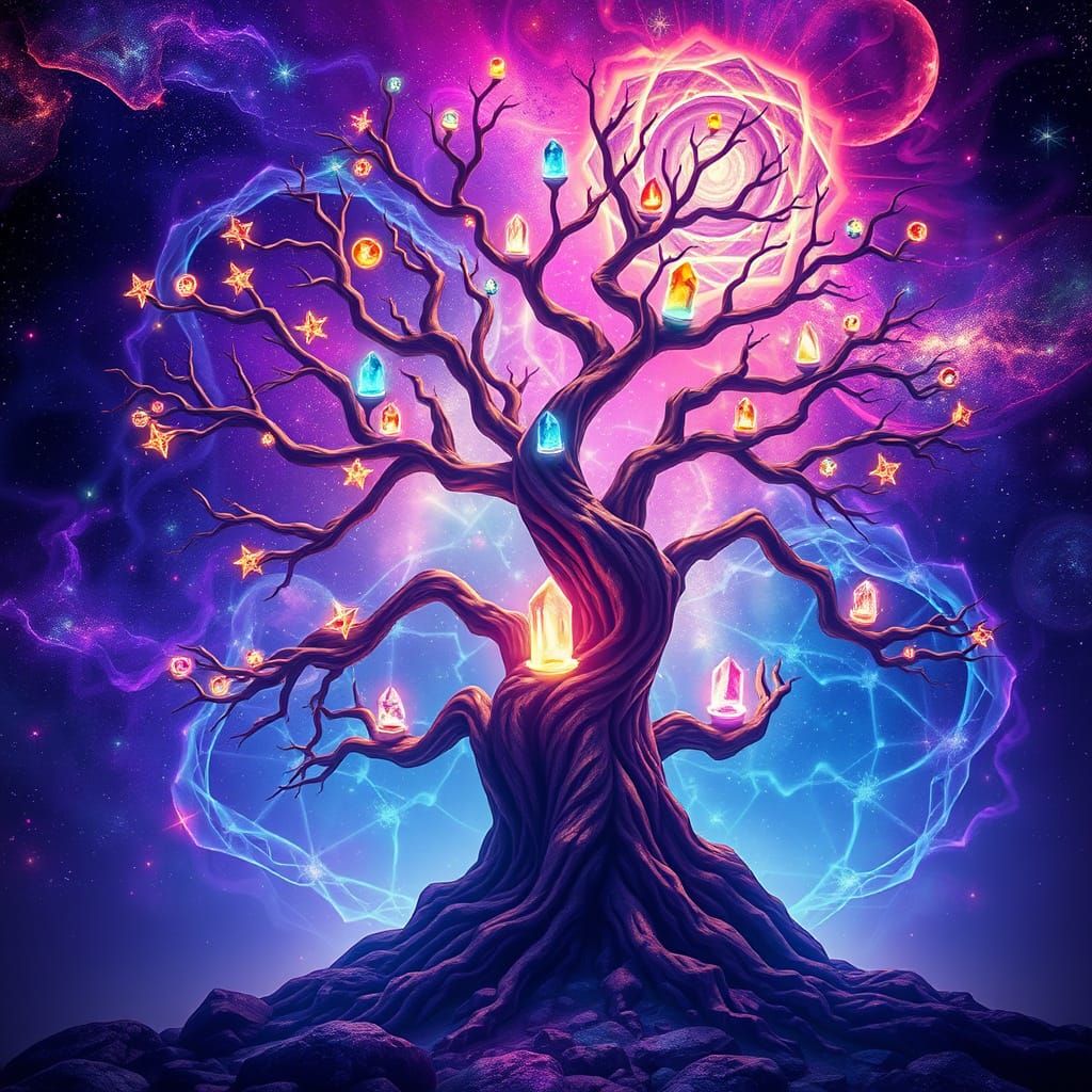 Cosmic Psychedelic Tree of Life with Chakra Crystals