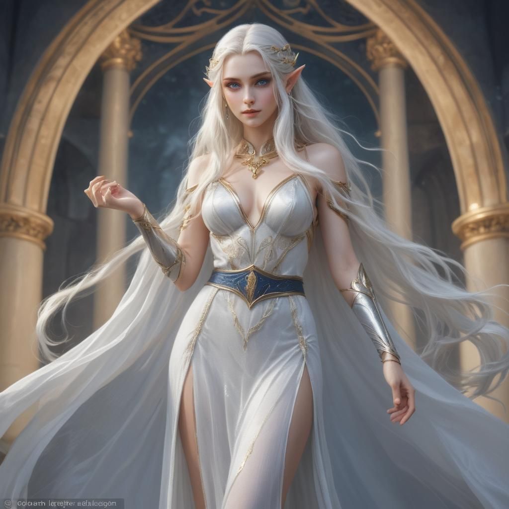 Elegant Elf Maiden with Flowing Hair and Gown