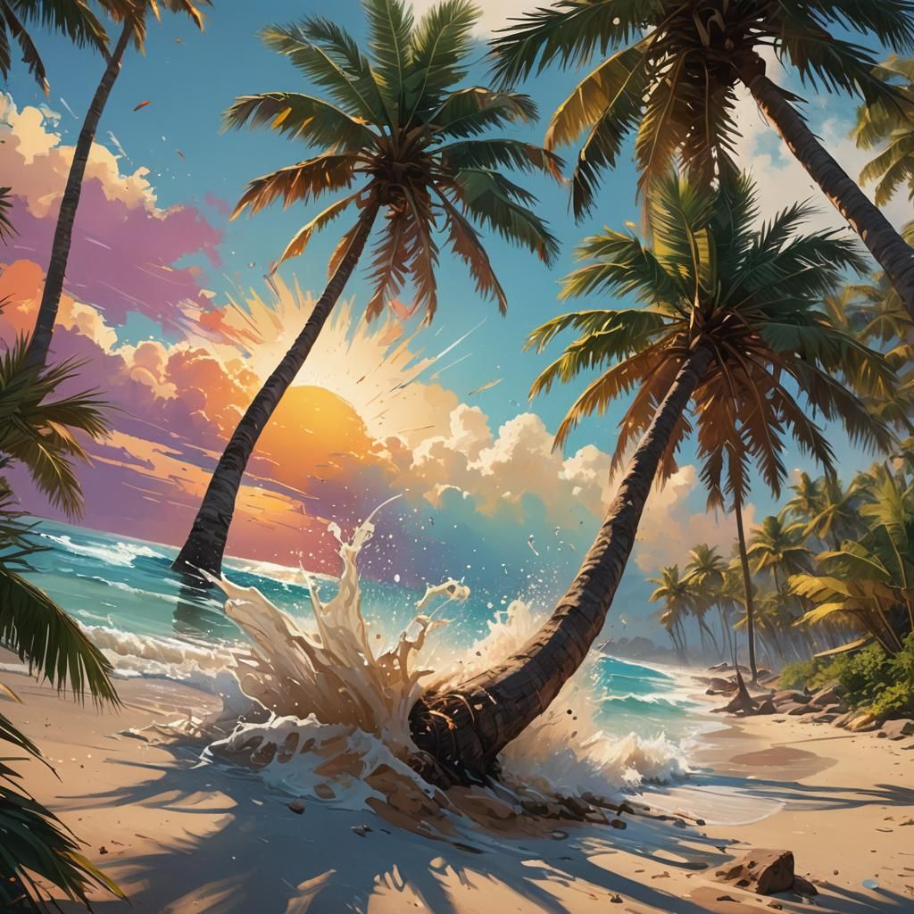 Hyperrealistic Palm Tree Beach in Splash Art Style