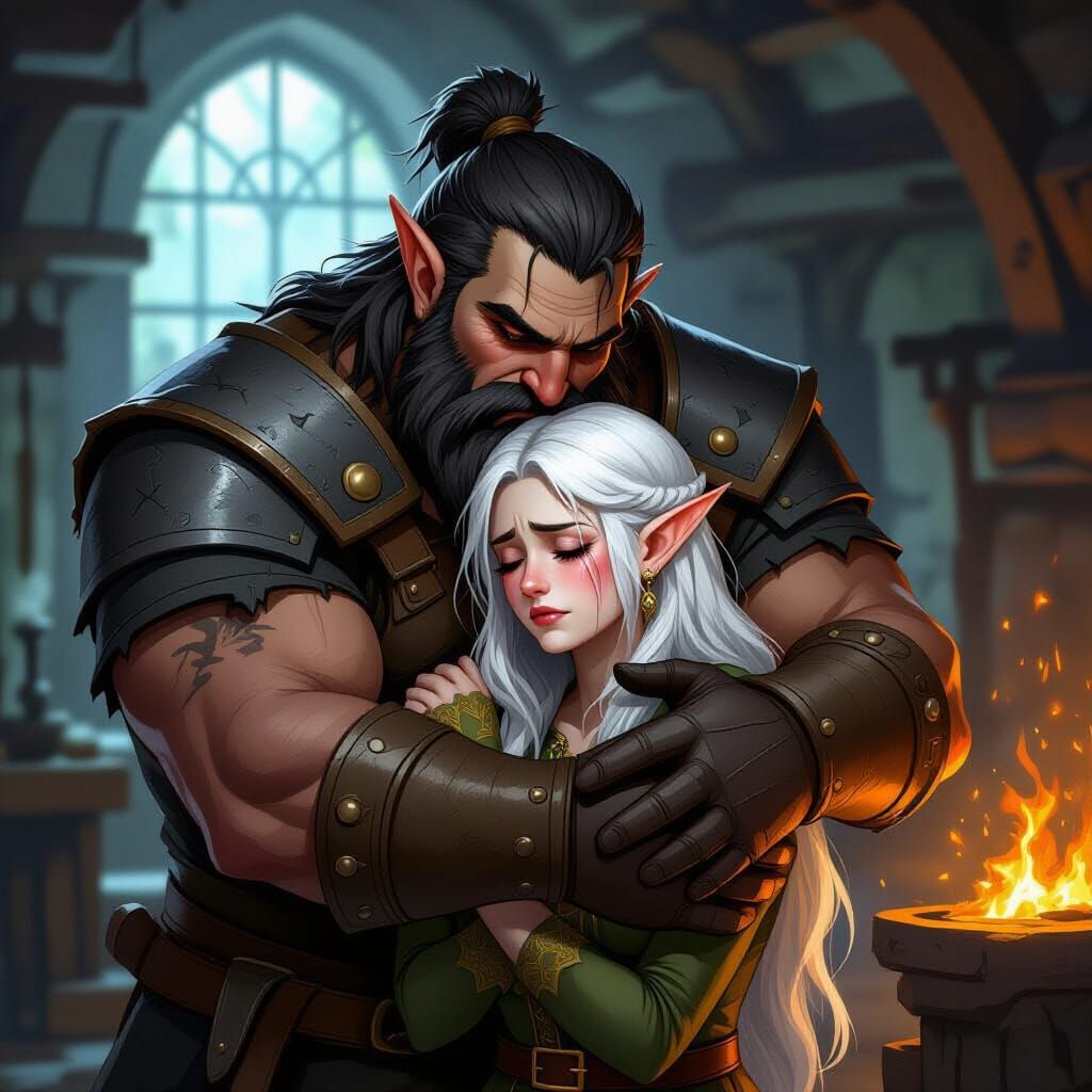 Giant Blacksmith Comforts Elf Woman