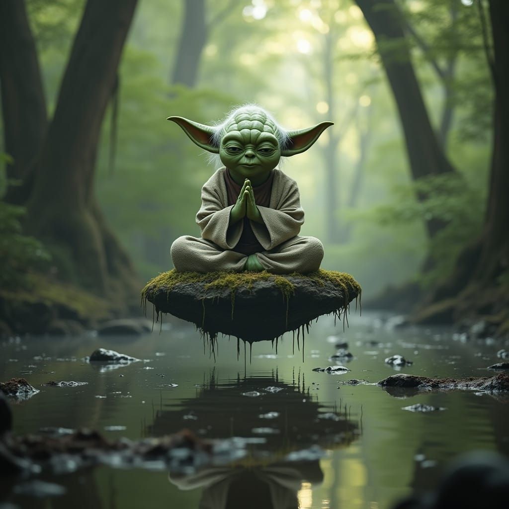 Wise Jedi Master Meditates on Alien Swamp