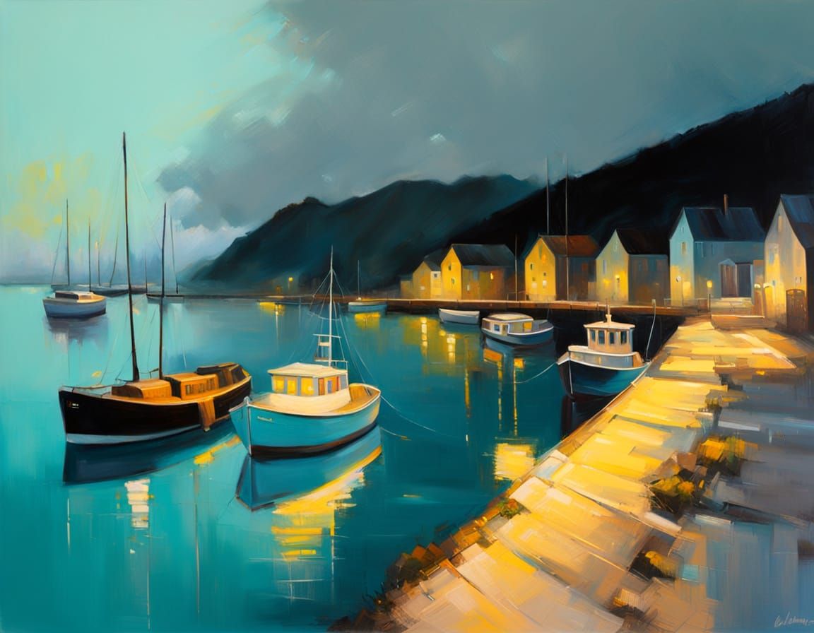 Luminist Twilight Harbour Oil Painting
