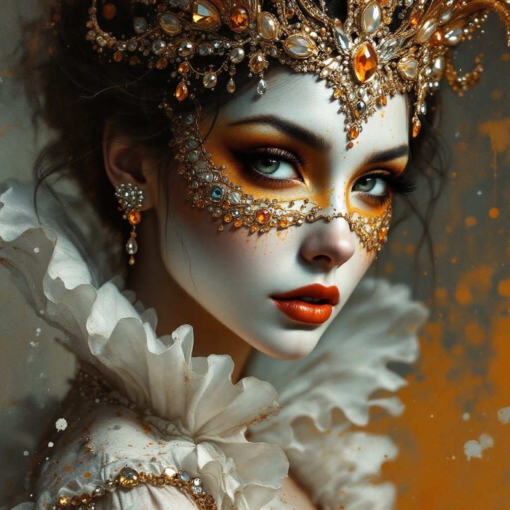 Queen of Hearts with Jeweled Mask in Figurative Style