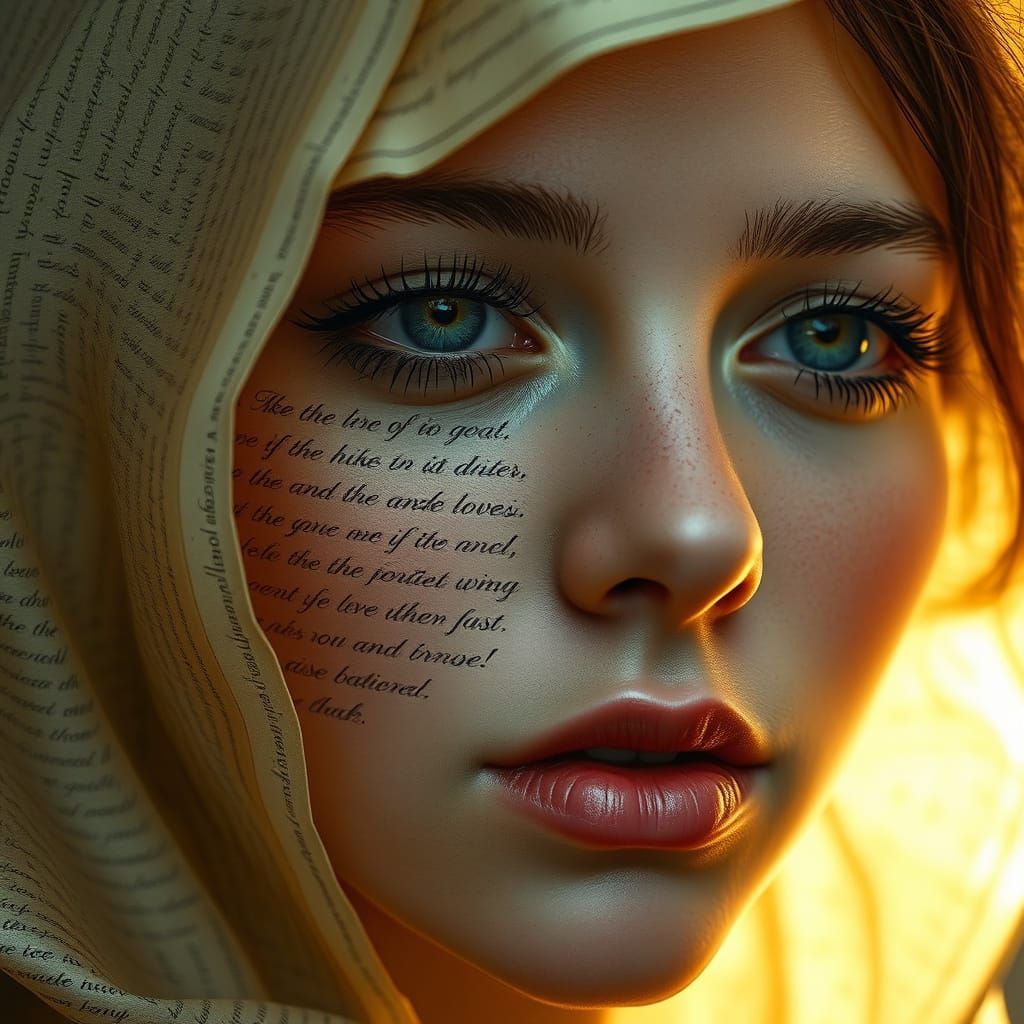 Book Page Face Portrait in Soft Golden Light