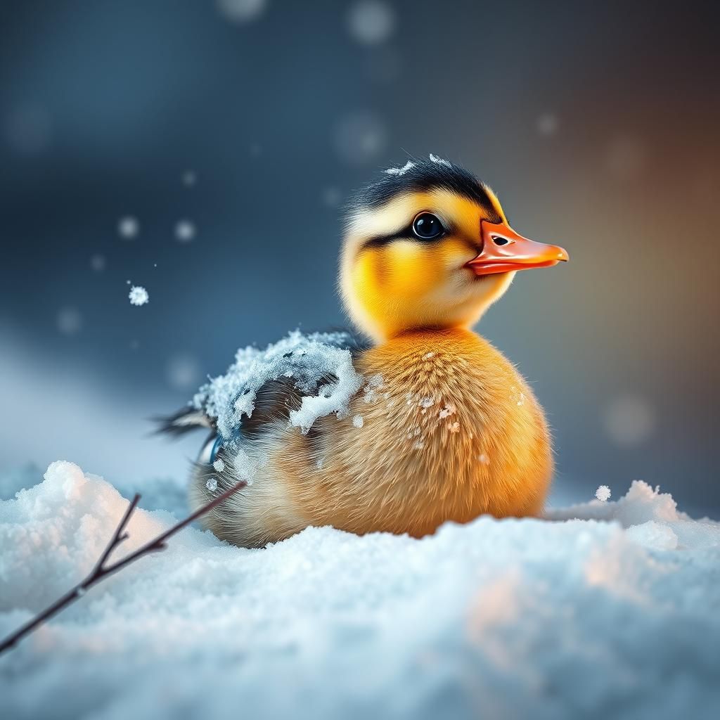 Cute Duckling in Snow, Hyperrealistic Splash Art
