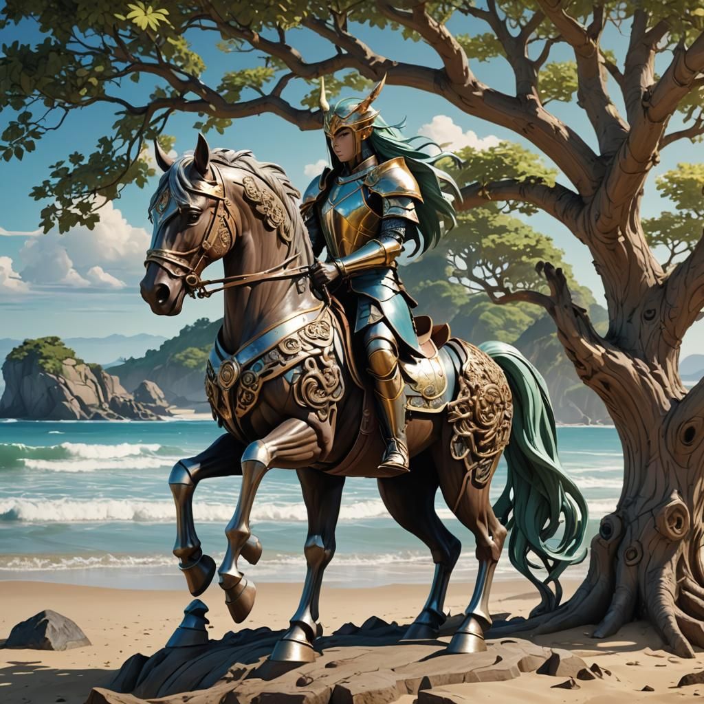 Elven Armored Horse Tree Sculpture: Cel-Shaded Digital Art