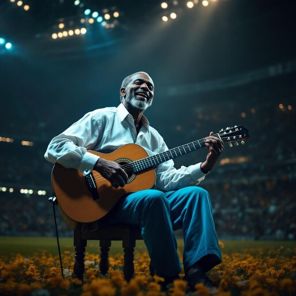 Hyperrealistic African Man Playing Guitar at Stadium