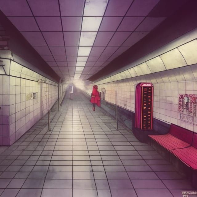 Eerie Lit Subway Station Illustration in Vibrant Colors