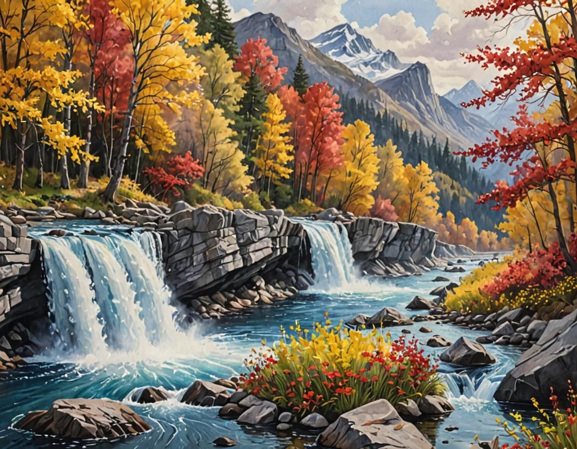 Stunning Autumn Watercolor Landscape in Vibrant Acrylic Styl...