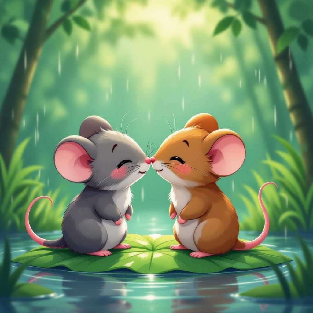 Adorable Mice Kiss in Rainy Manga Style