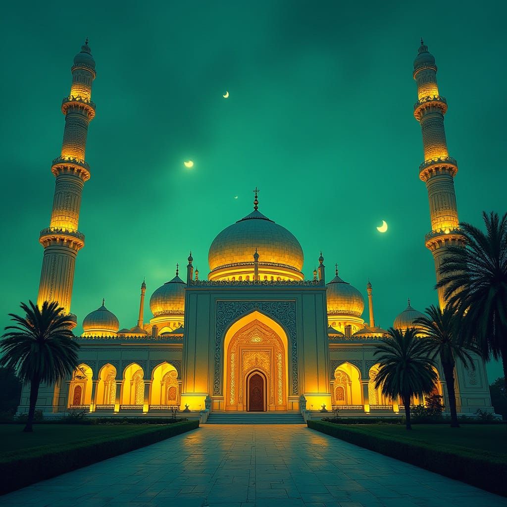 A Mosque Illuminated in Vibrant Green Ramadan Splendor