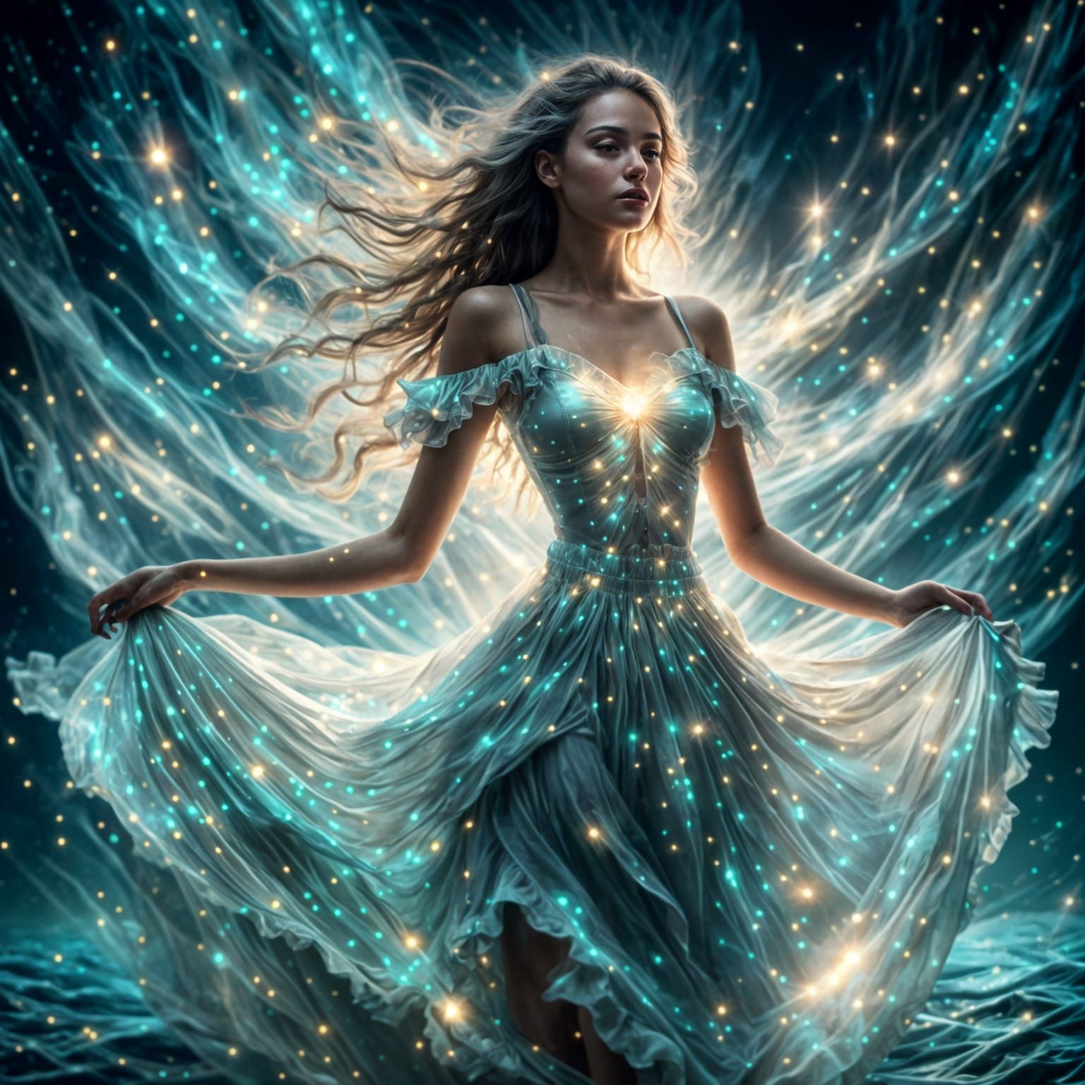 Bathing in Light: Woman in Bioluminescent Skirt