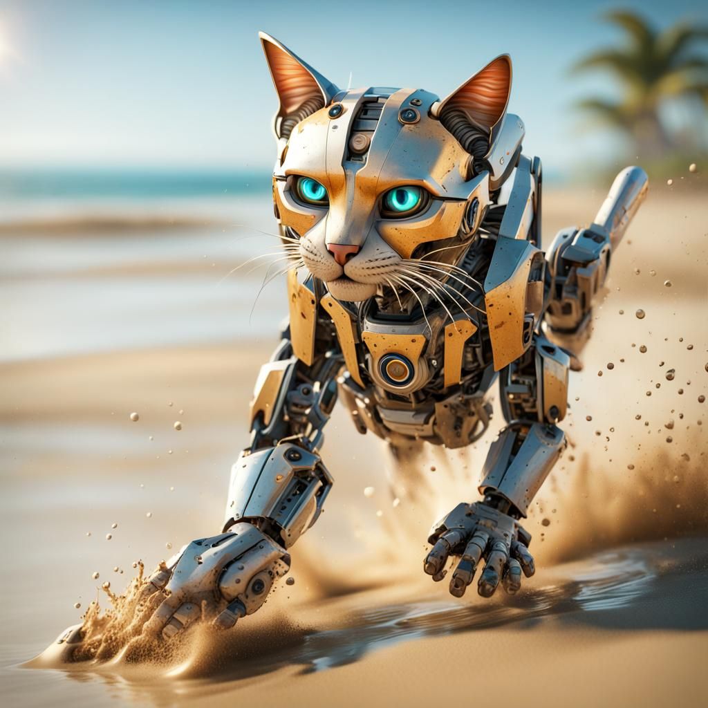 Robot Cat Runs on Beach in Hyperrealistic Style