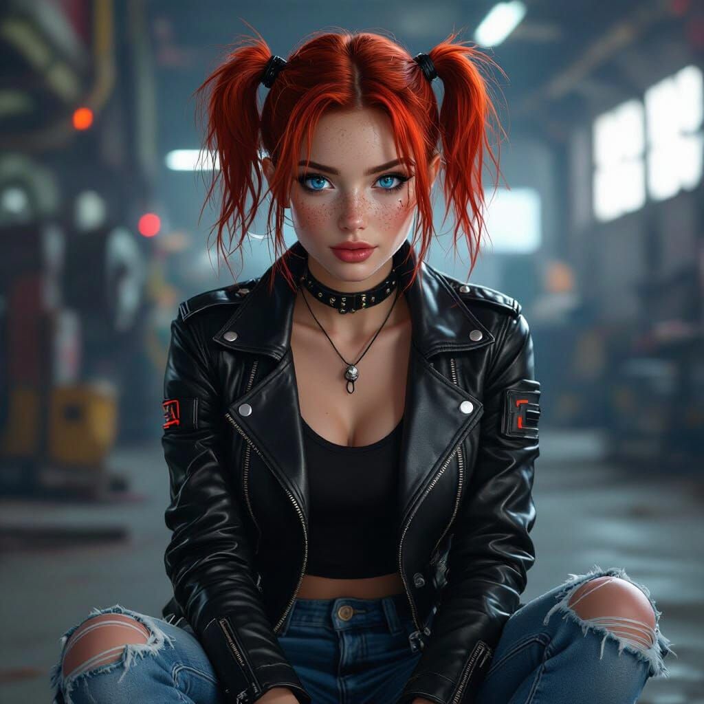 Redhead Cyberpunk Hacker in Neon Warehouse