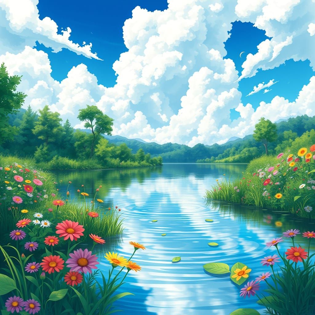 Whimsical Anime Lake Scene with Vibrant Wildflowers