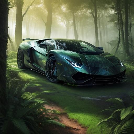 Lamborghini on Forest Road in Matte Painting Style