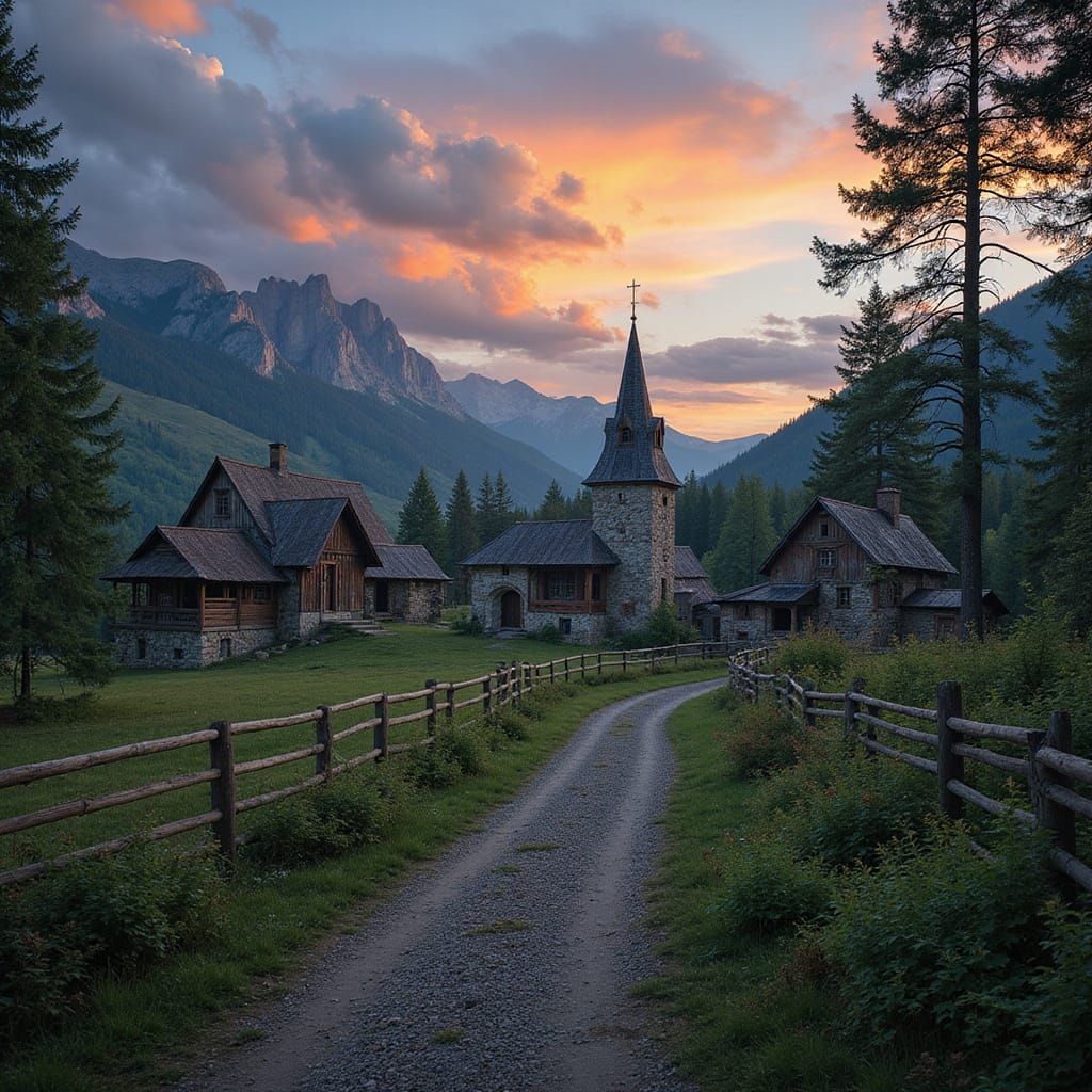 Fantasy Slavic Village at Sunset in Iridescent Light