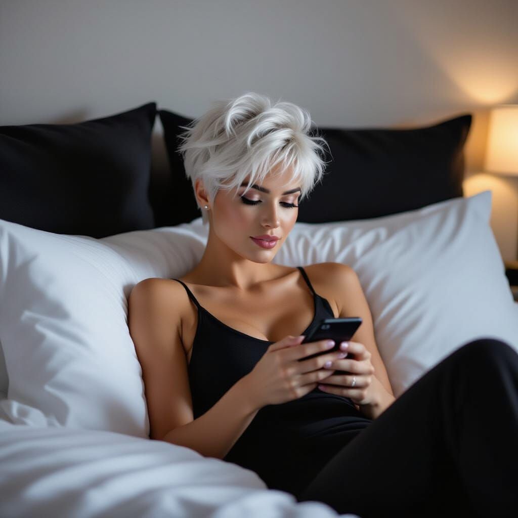 Toned Woman with Ultrashort Hair Reclining in Bed